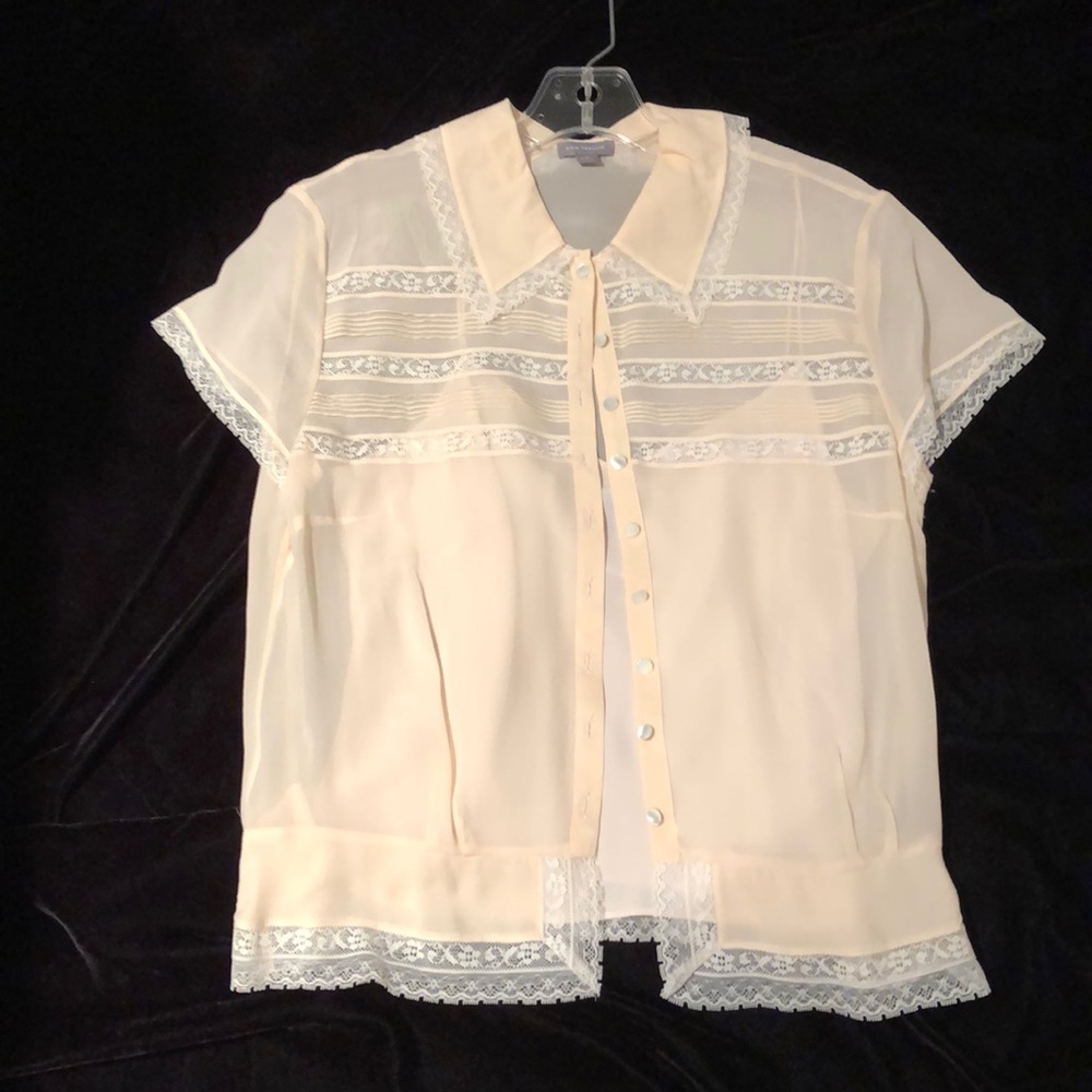 Ann Taylor Cream Lace Trim Button-Front Blouse